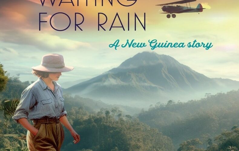 The book cover for Praying for "Sunlight, Waiting for Rain". A woman strides across the peak of a jungle mountain.